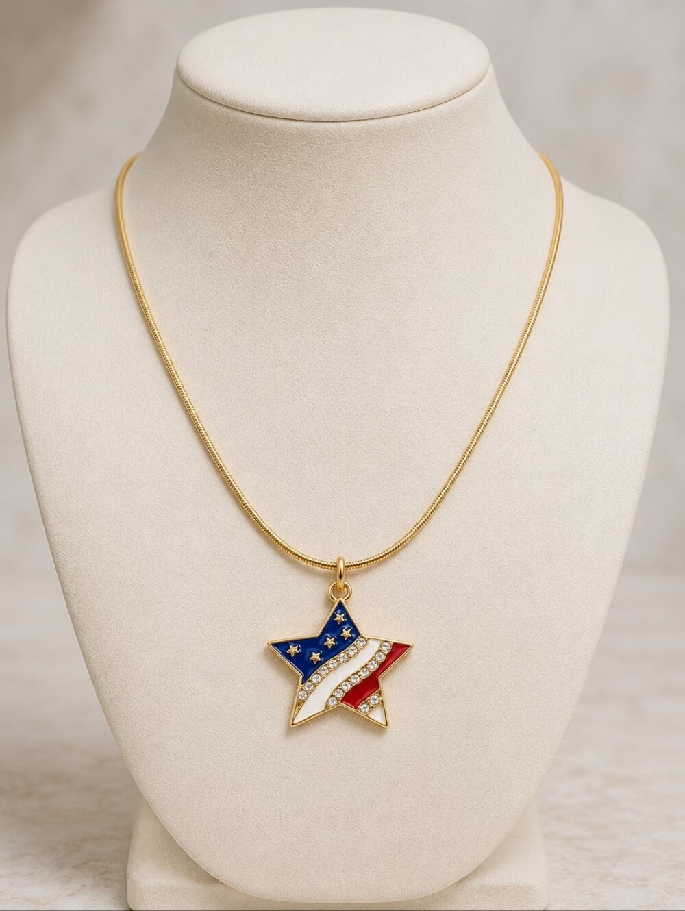 Patriotic Star Necklace 18KGP Snake Chain Red White Blue 4th of July